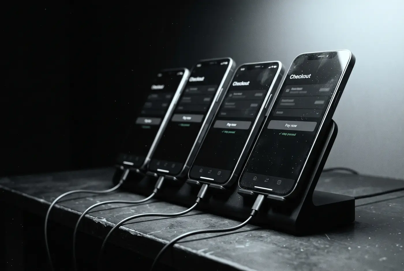 Four phones in a stand on a dark bench, each on the same checkout screen with a Pay now button. The front one shows a green “step passed”.