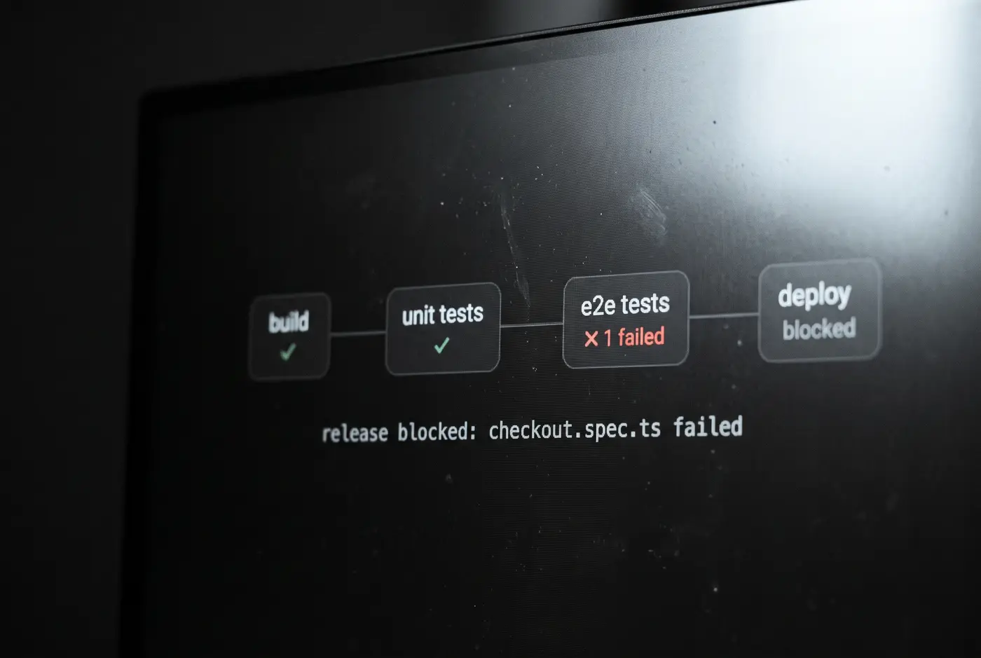 A monitor with a pipeline: build and unit tests passed, e2e tests “1 failed” in red, deploy blocked, and the line “release blocked: checkout.spec.ts failed”.