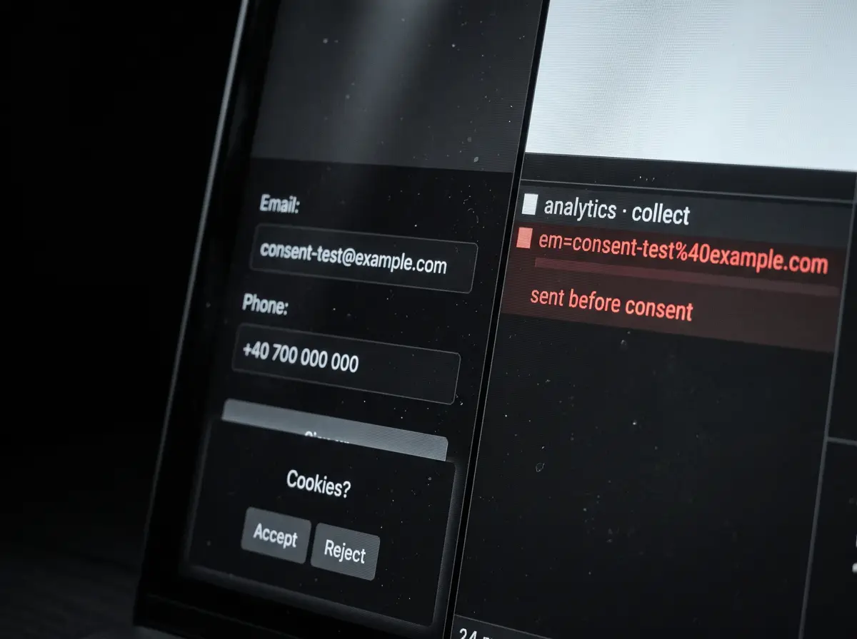 A dark laptop screen: a form filled with consent-test@example.com and a phone number, the cookie question still unanswered, and a network row in red, “em=consent-test%40example.com”, “sent before consent”.