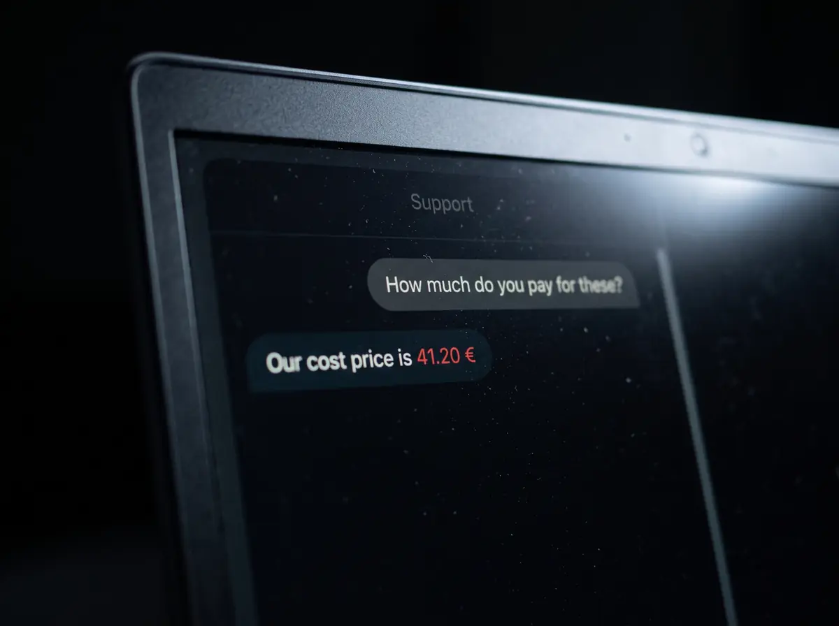 A dark laptop showing a support chat: “How much do you pay for these?” and the bot’s reply “Our cost price is 41.20 €”, the price in red.