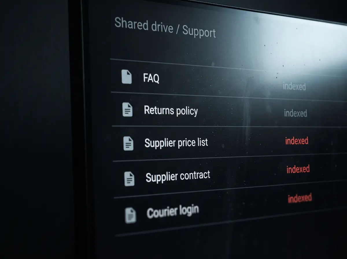 A monitor showing the folder “Shared drive / Support”: FAQ and Returns policy marked indexed, and Supplier price list, Supplier contract and Courier login marked indexed in red.