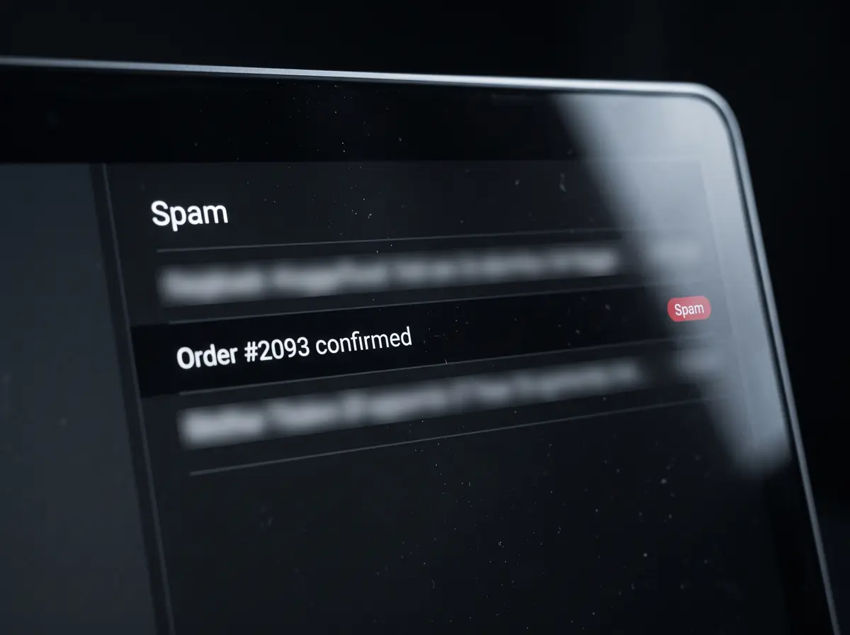 A dark laptop showing a spam folder with the row “Order #2093 confirmed” tagged Spam in red.