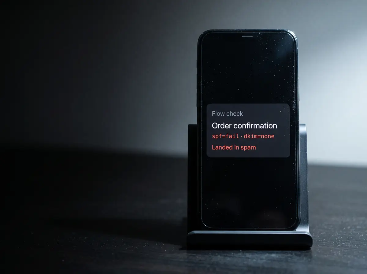 A phone on a stand with a monitoring alert: “Flow check”, “Order confirmation” and, in red, “spf=fail · dkim=none” and “Landed in spam”.