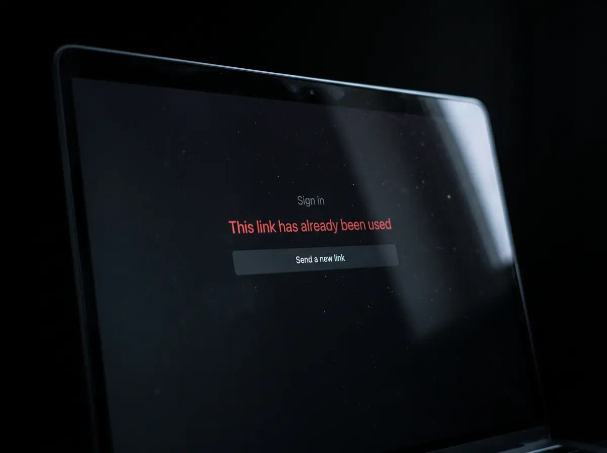 A dark laptop showing a sign-in page: “This link has already been used” in red and a “Send a new link” button.