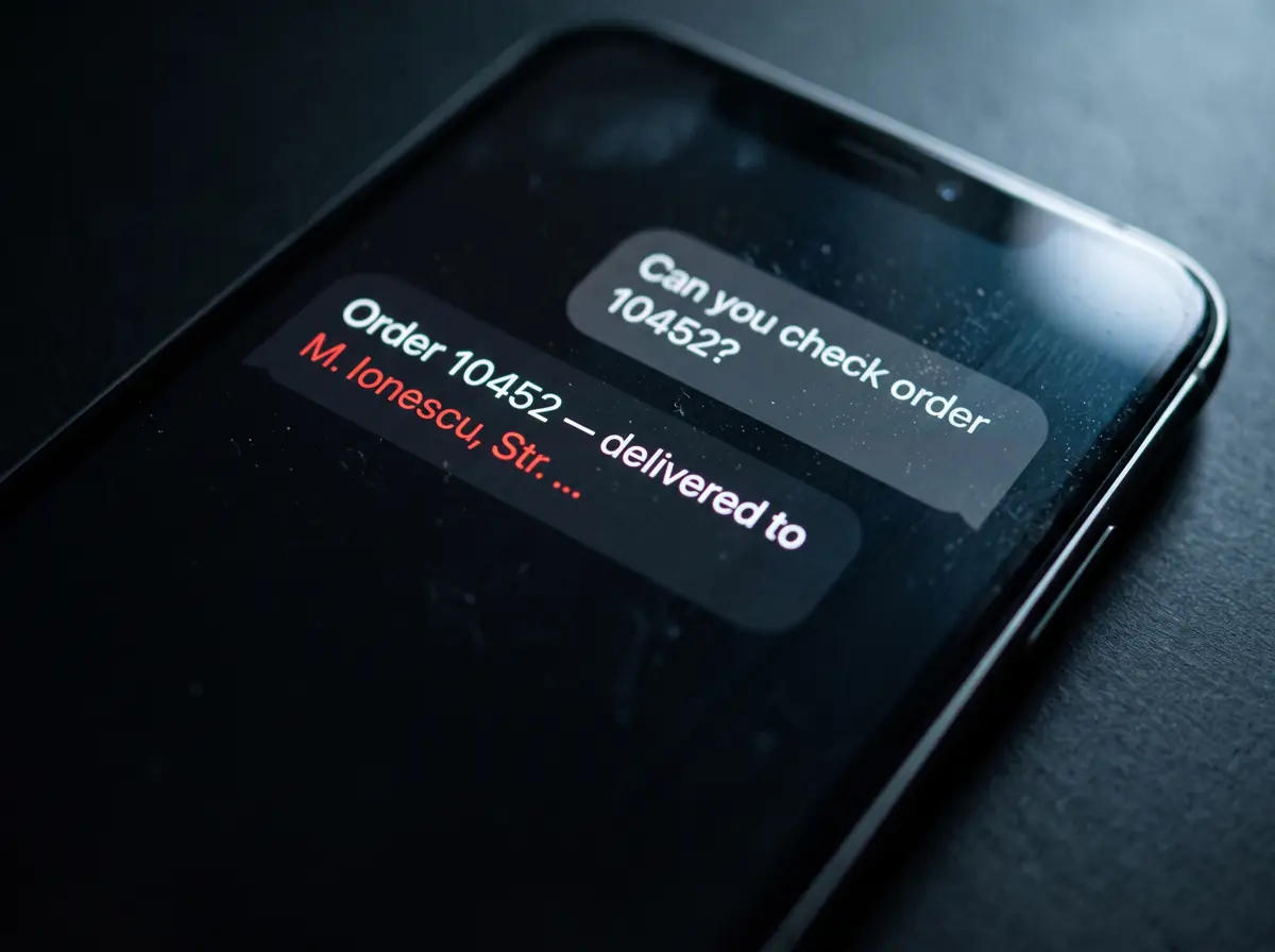A dark phone showing a support chat: “Can you check order 10452?” and the bot replying with a stranger’s name and street, the name in red.