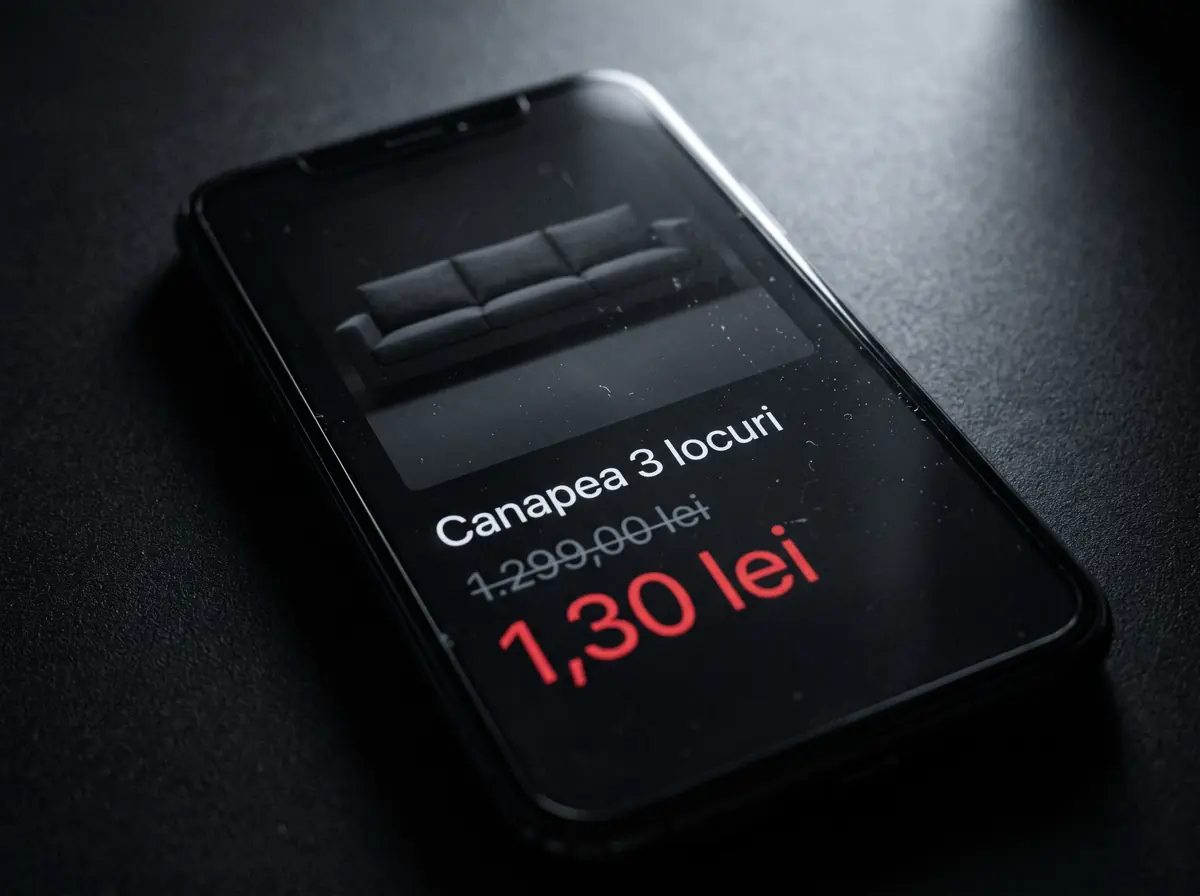 A dark phone showing a product card “Canapea 3 locuri” with 1.299,00 lei struck through and 1,30 lei in red.