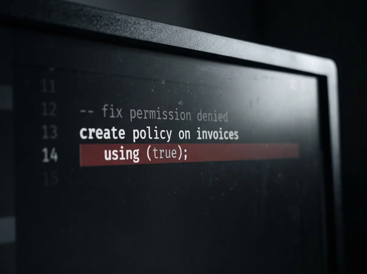 A dark monitor showing a code editor: “-- fix permission denied”, “create policy on invoices” and “using (true);” on a red line.