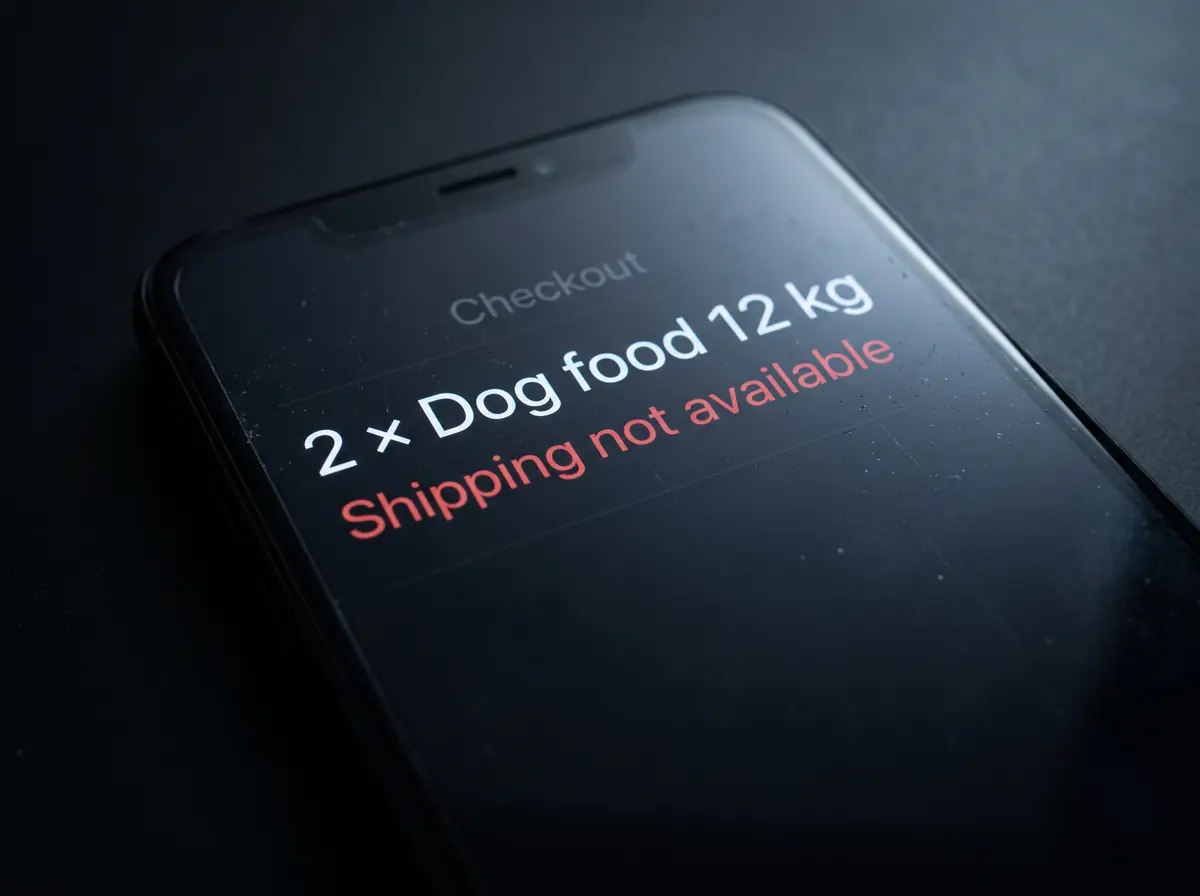 A dark phone showing a checkout with “2 × Dog food 12 kg” and, in red, “Shipping not available”.