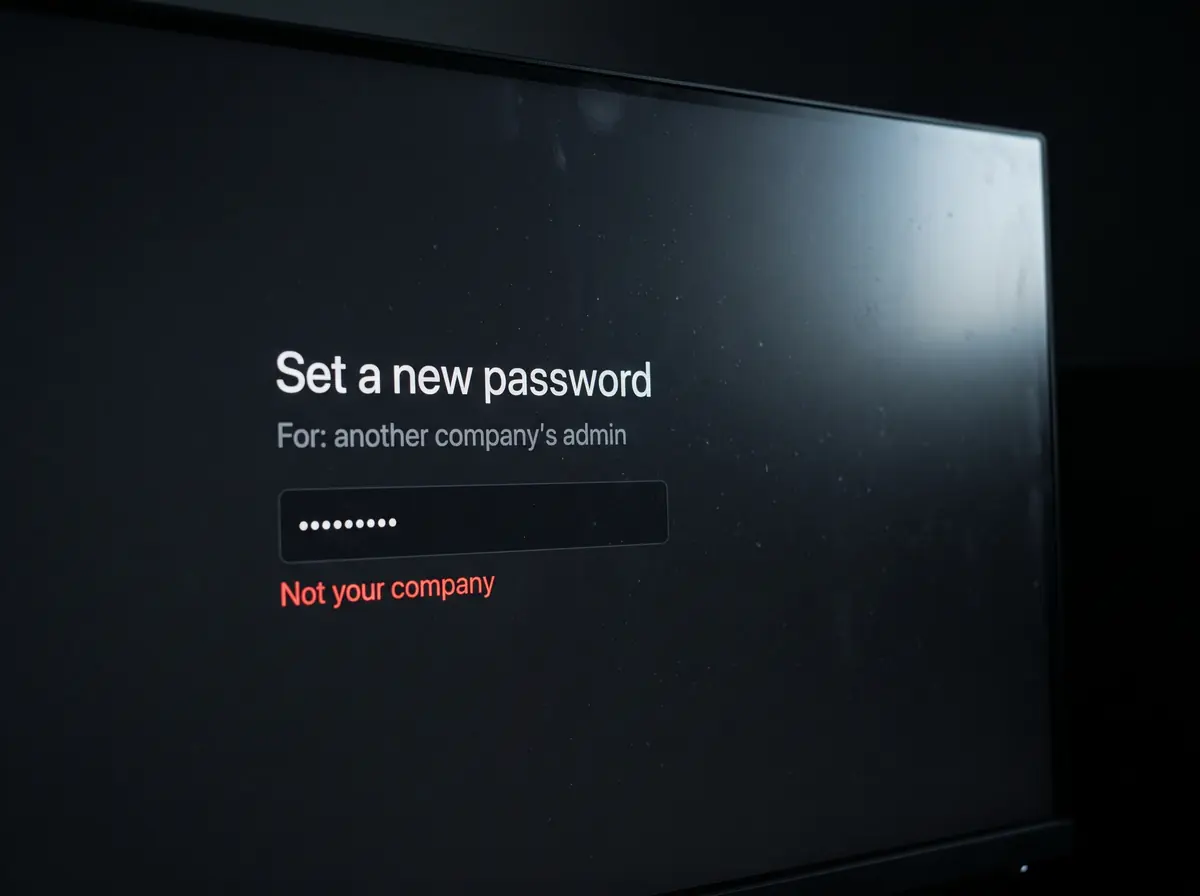 A dark monitor showing a form: “Set a new password”, “For: another company’s admin”, a masked password and, in red, “Not your company”.