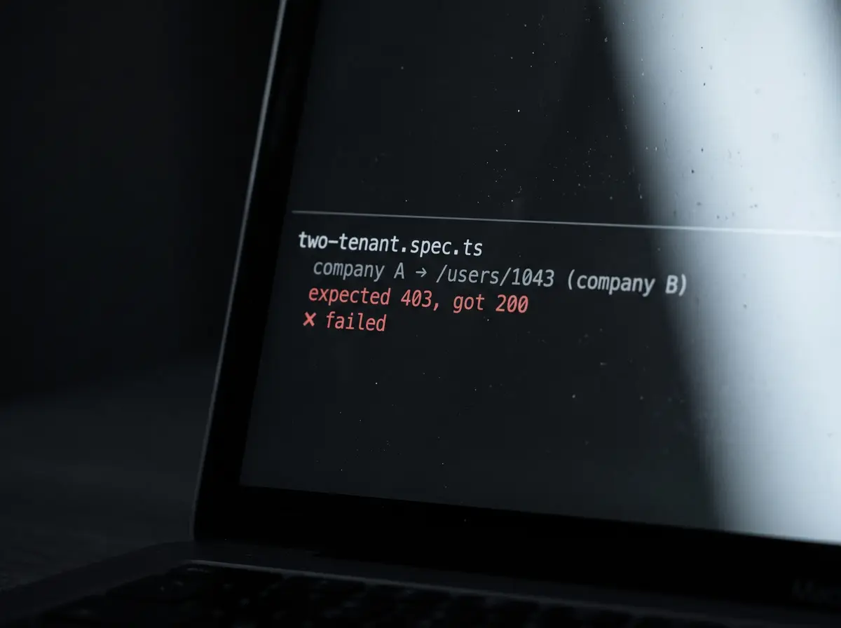 A laptop screen with a failing test: “two-tenant.spec.ts”, “company A → /users/1043 (company B)” and, in red, “expected 403, got 200” and “failed”.