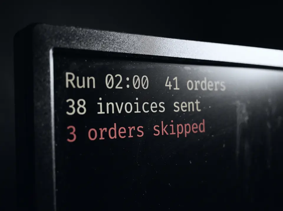 An automation run log: 41 orders, 38 invoices sent, 3 orders skipped.