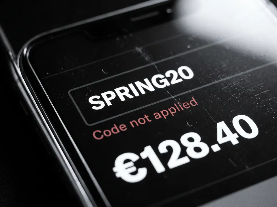A phone checkout: code SPRING20, “Code not applied”, total €128.40.