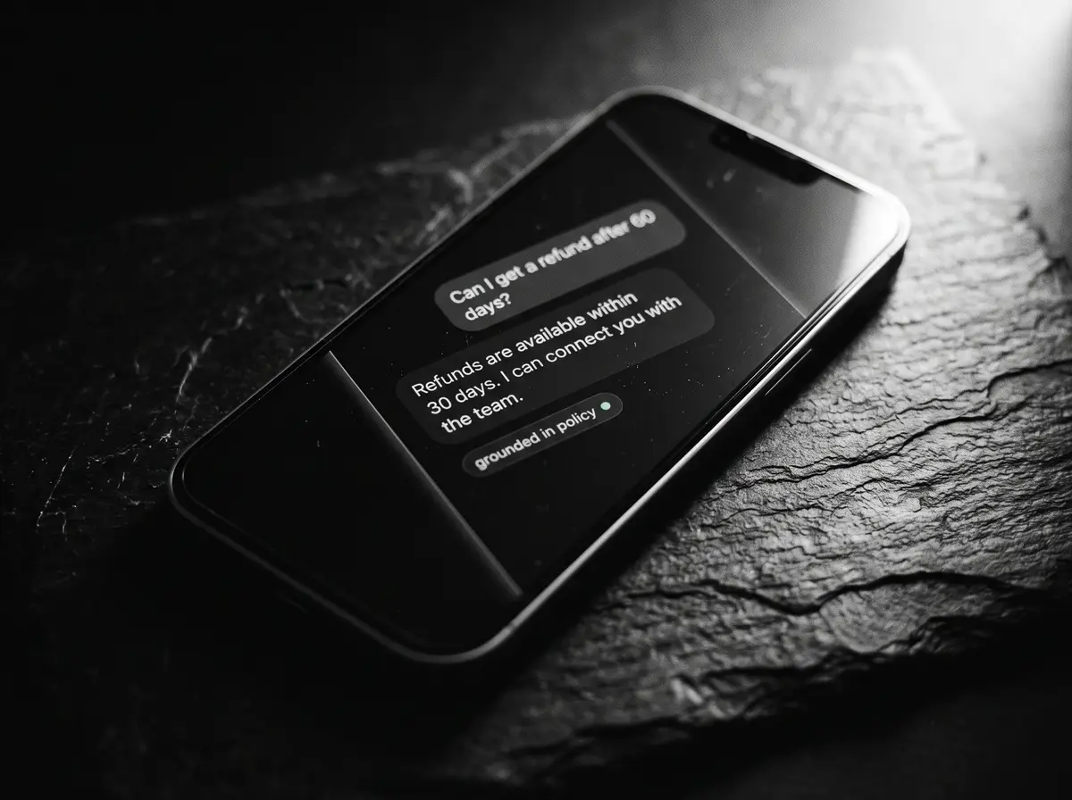 A phone showing a support agent answering a refund question within a 30-day policy.