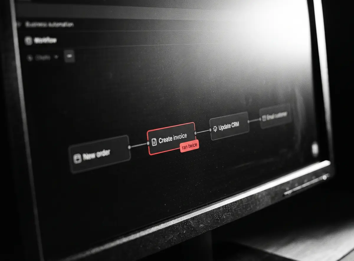 A workflow editor where the “Create invoice” step is flagged: ran twice.