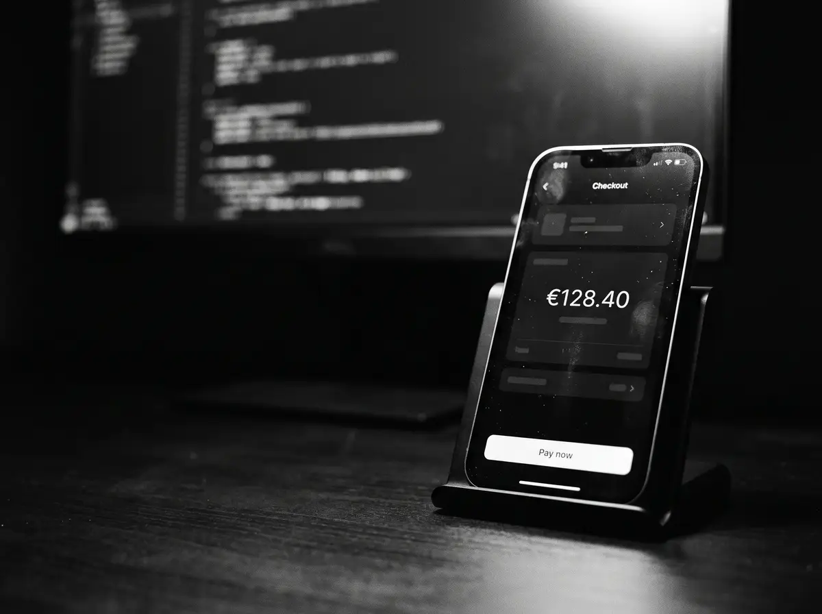A phone on a stand showing an app checkout for €128.40, code on a monitor behind it.