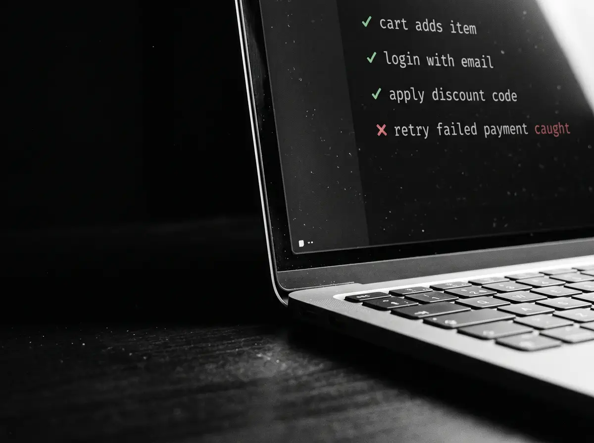 A laptop running a test suite: three checks pass, “retry failed payment” is caught.